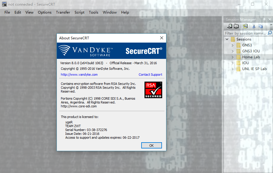 SecureCRT/FX 8.0.0 (build 1063) for Windows