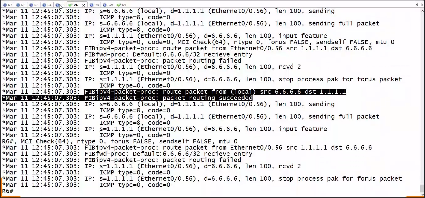 R6上输出的debug ip packet信息
