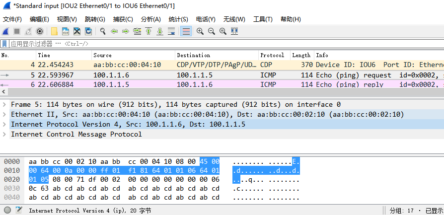 在 IOU6 上 ping 100.1.1.5 时，IOU2 的 e 0/1 口上的抓包