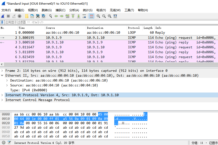 在IOU9上ping 10.9.1.10时，IOU6的e 0/1口上的抓包