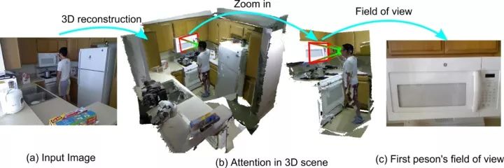 ( a ) Input Image , ( b ) Attention in 3D scene , ( c ) First person's field of view