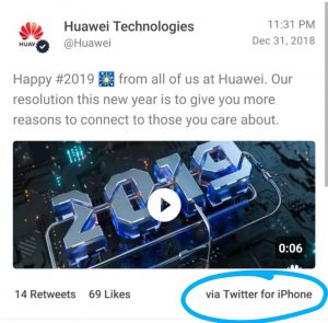 2018 年 12 月 31 日华为官方推特用 iPhone 发新年祝福